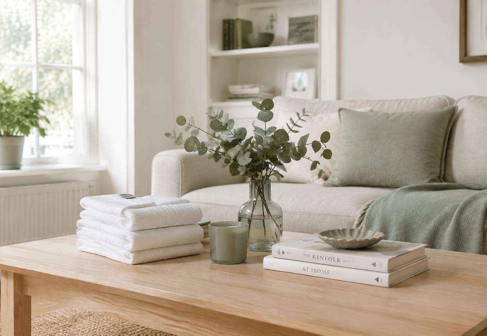 A bright, tidy living room with folded white towels and a vase of eucalyptus